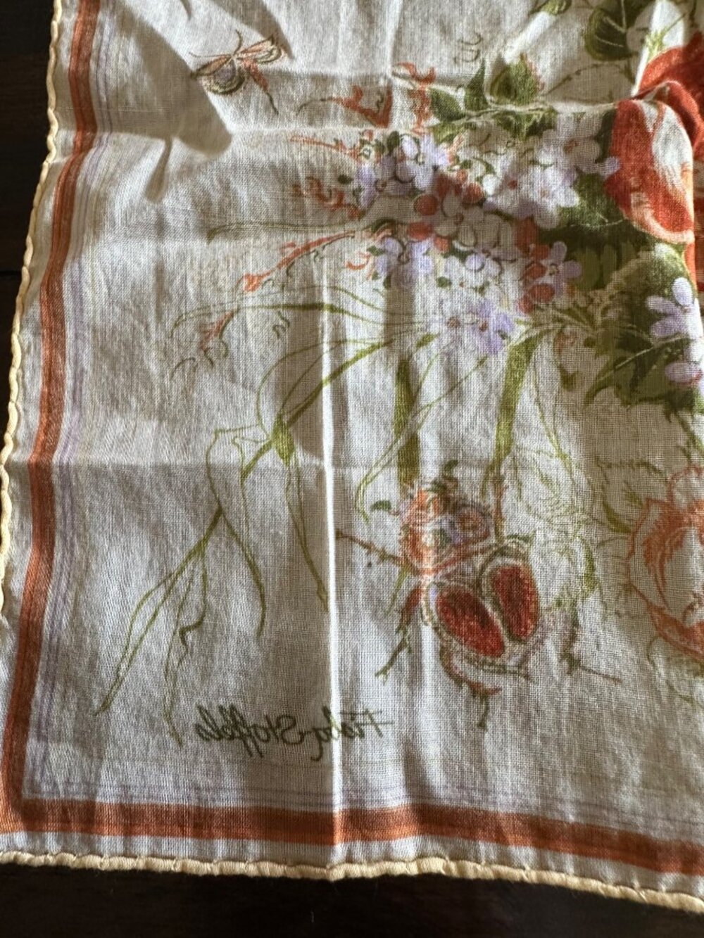 Vintage Flora Stoffels Handkerchief With Orange Roses & Bugs Print - Picture 14 of 16